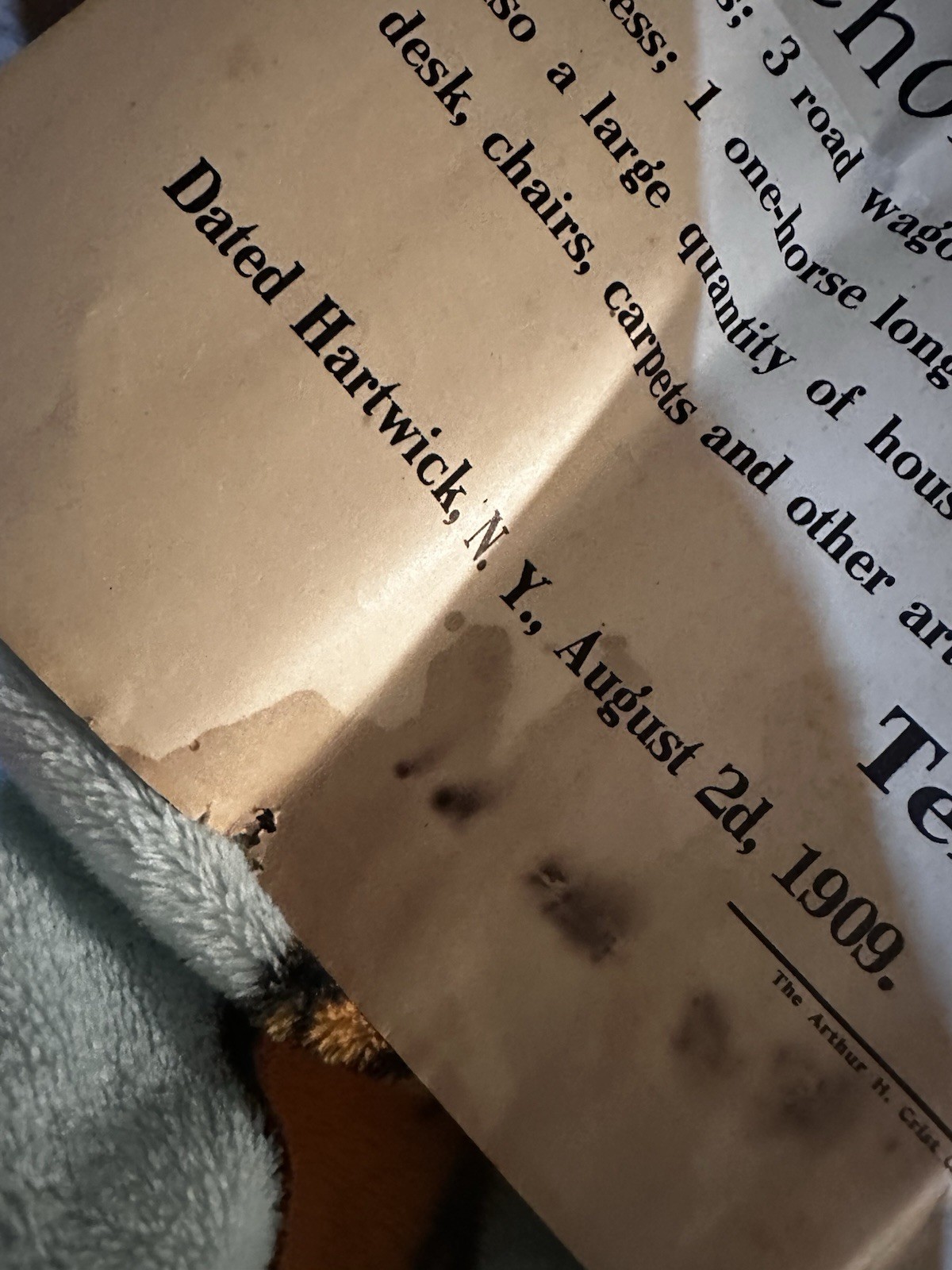 Auction Hartwick Village Public Sale 1909 Horses, Wagons, Sleigh, House Stuff