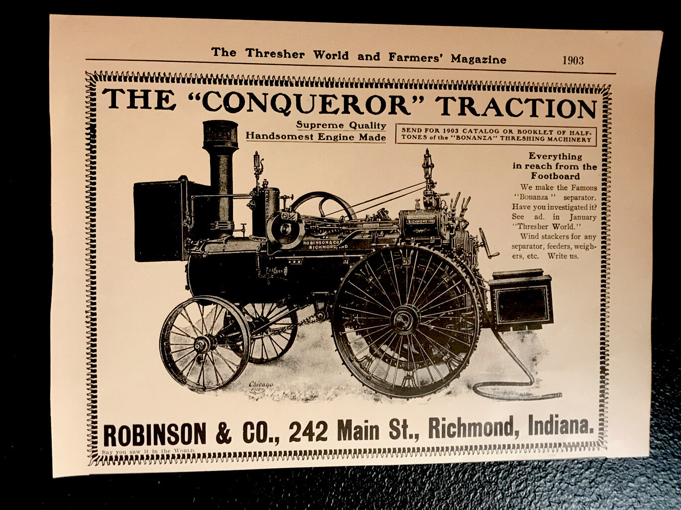 1903 Robinson Traction Engine Farm Implements Advertising – Richmond – Indiana