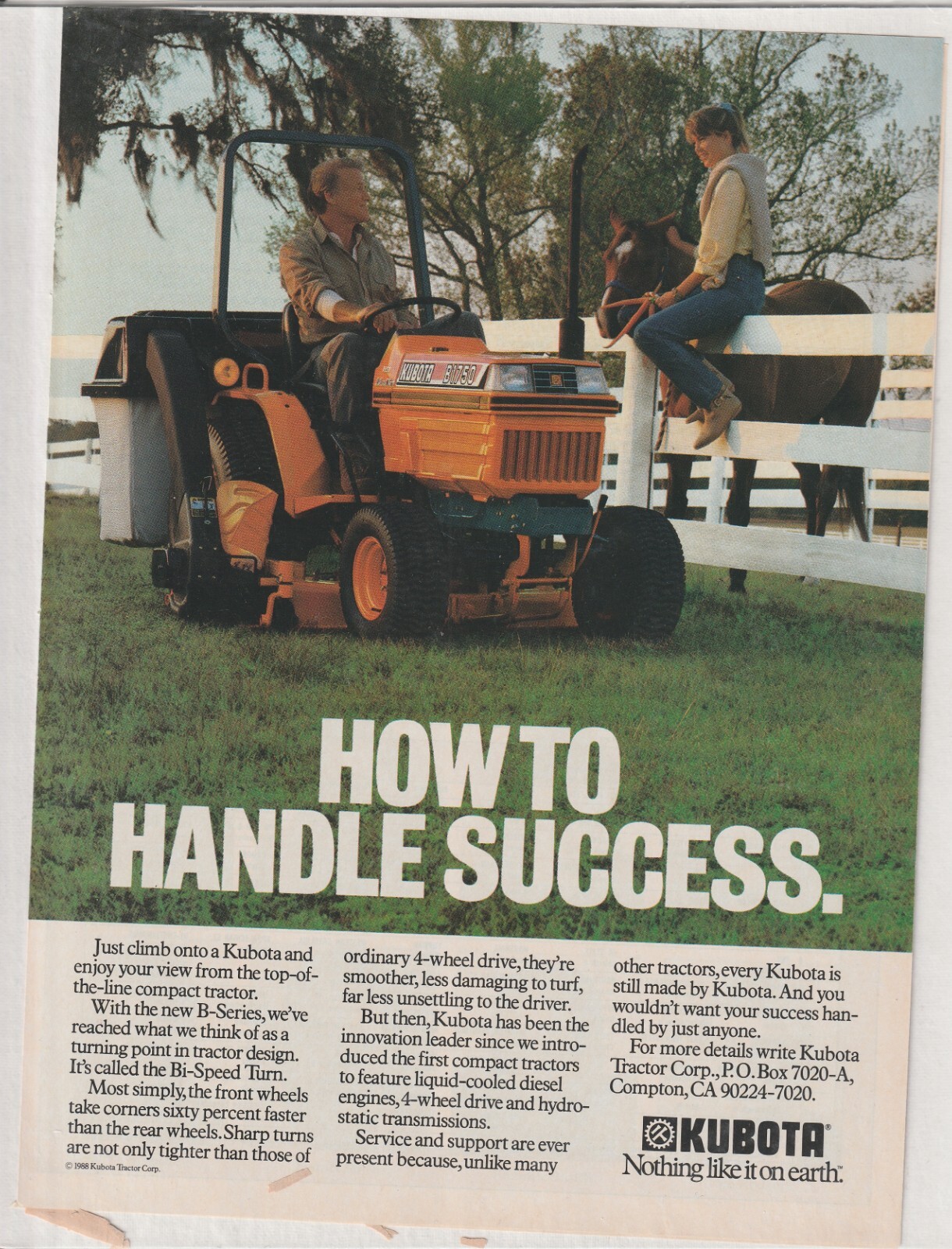 Original 1988 Kubota B-Series Tractor Magazine Ad « How to Handle Success »