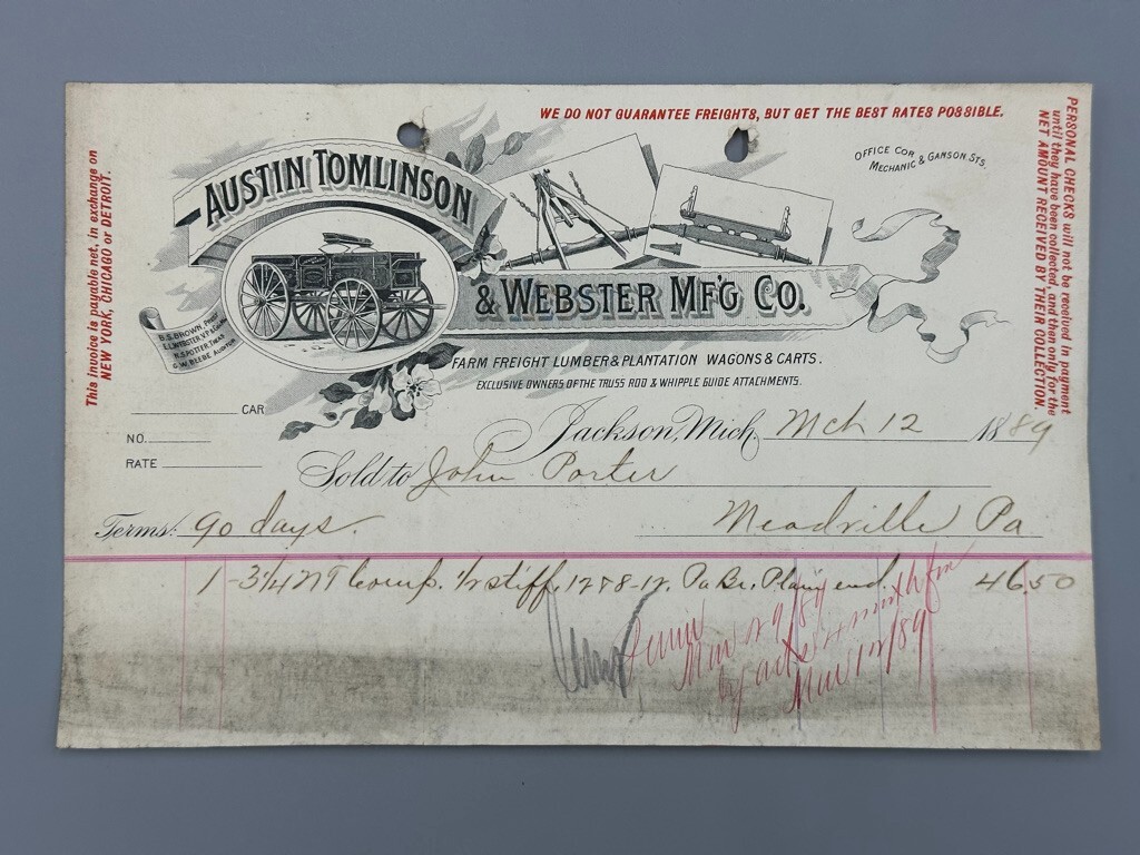 1889 AUSTIN TOMLINSON WEBSTER Antique FARM WAGON Advertising Billhead JACKSON MI