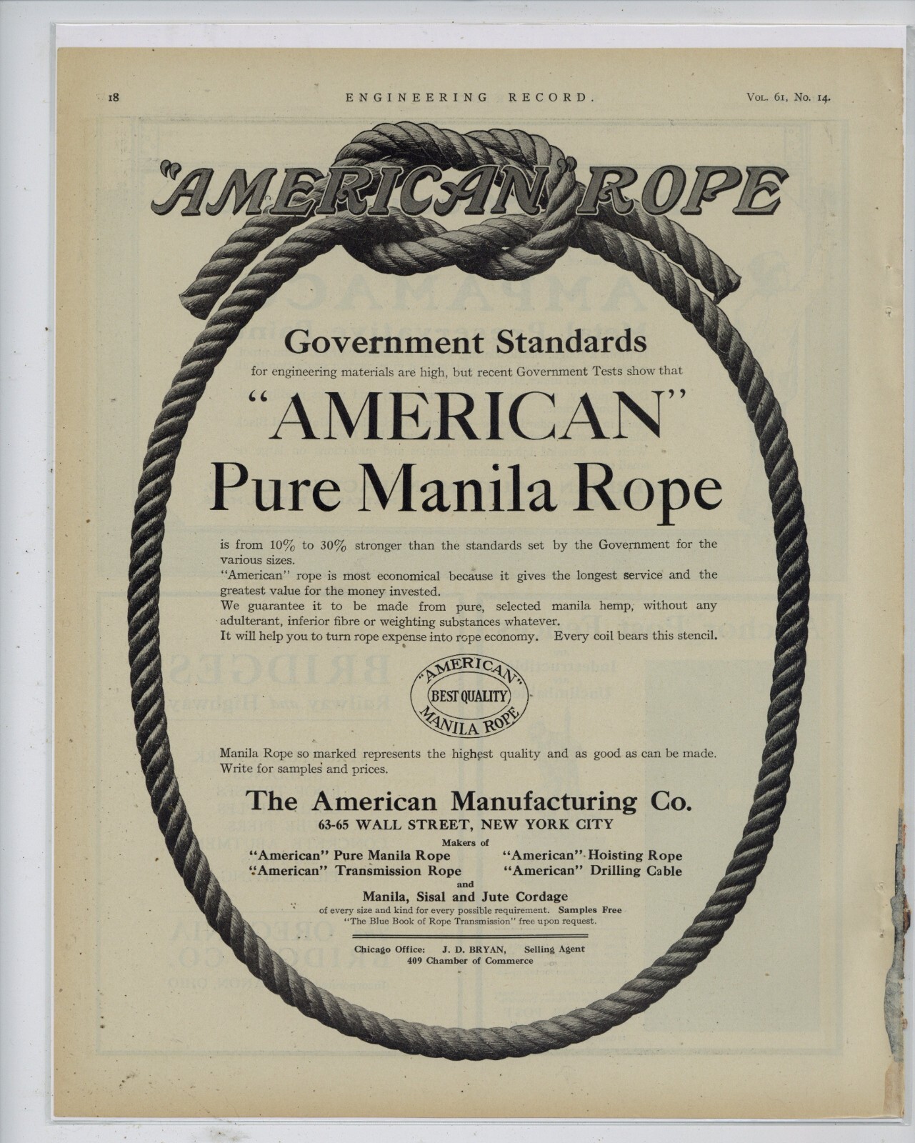 1910 American Rope Co. Ad: Pure Manilla Rope – Best Quality – New York City