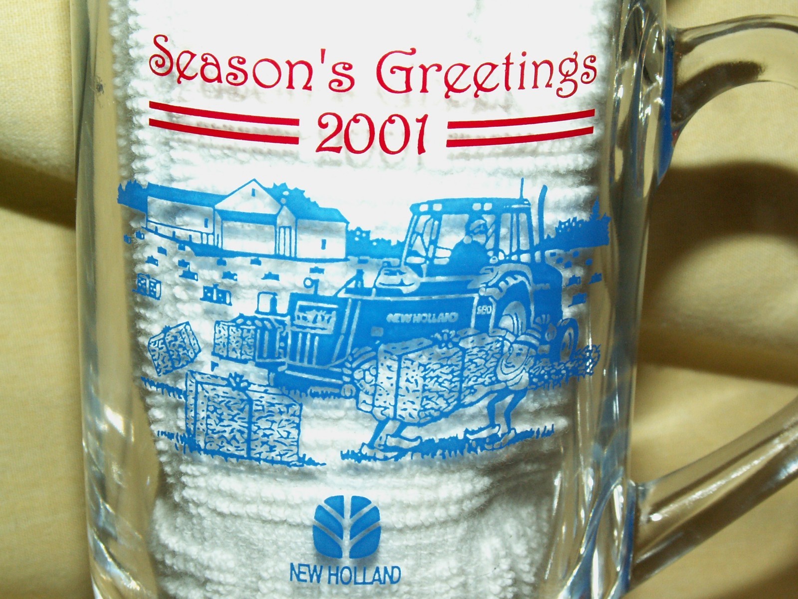 New Holland Glasses 4 Pc Christmas Seasons Greeting Santa Tractor Pedestal 2001