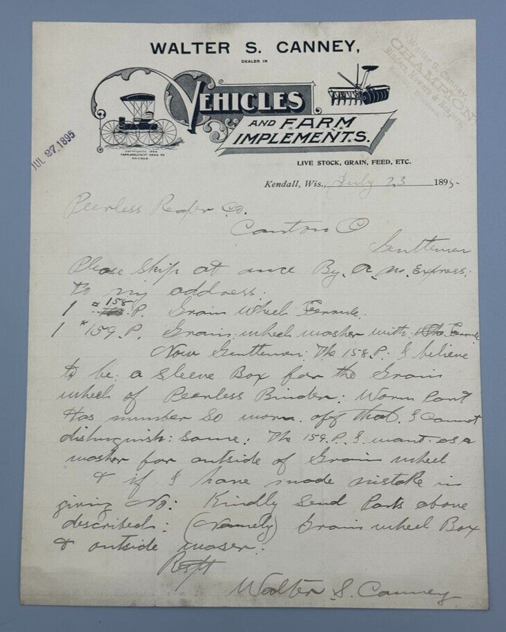 1895 FARM BUGGY Mower TOOLS Antique Advertising KENDALL WISCONSIN Letterhead