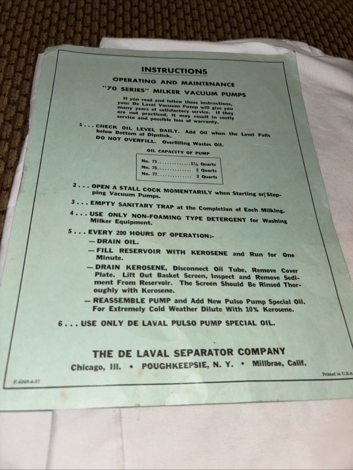 1957 The De Laval Separator Company”70 Series” Miller Vacuum Pumps Manual Pump