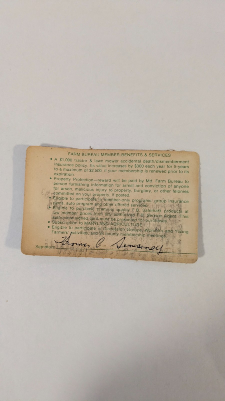 Carroll County MD Farm Bureau Membership Card