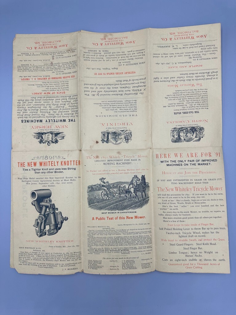 1891 Amos WHITELEY Farm HARVESTING MACHINES Mower Binder Advertising Circular