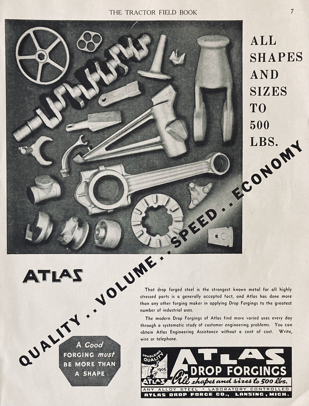 1941 AD.(XH31)~ATLAS DROP FORGE CO. LANSING, MI. ATLAS FORGED TRACTOR PARTS