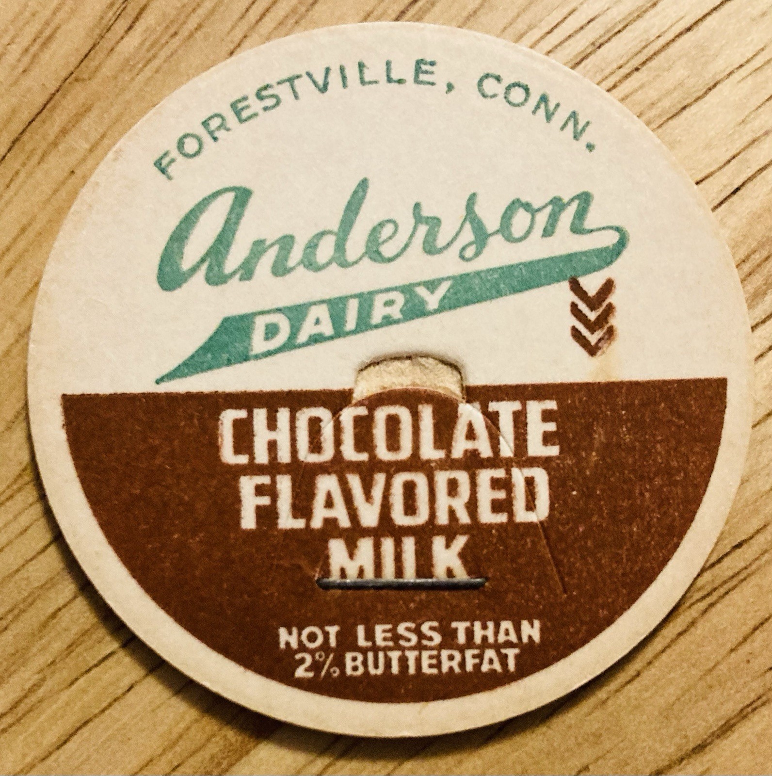 MILK BOTTLE CAP~ANDERSON DAIRY FARM, FORESTVILLE, CONN. CHOCOLATE FLAVORED MILK