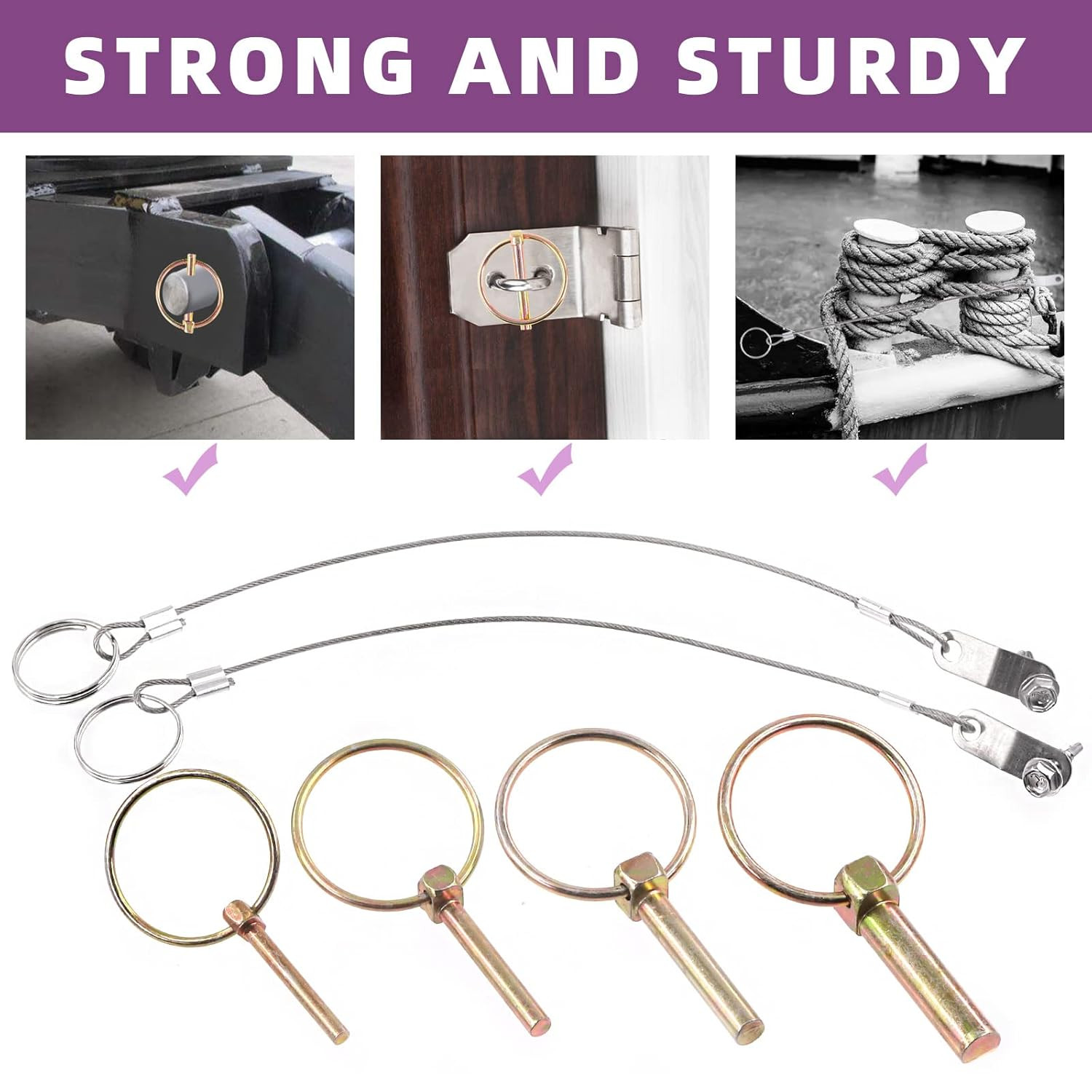 50Pcs 4 Sizes Spring-Loaded Lynch Pin Linch Pin and Stainless Steel Lanyard Cabl