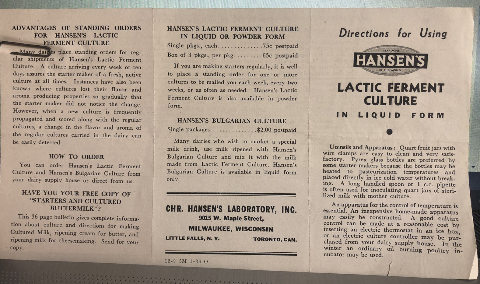 Chr. Hansen&rsquo;s Laboratories Wisconsin Dairy Lactic Ferment Culture Directions
