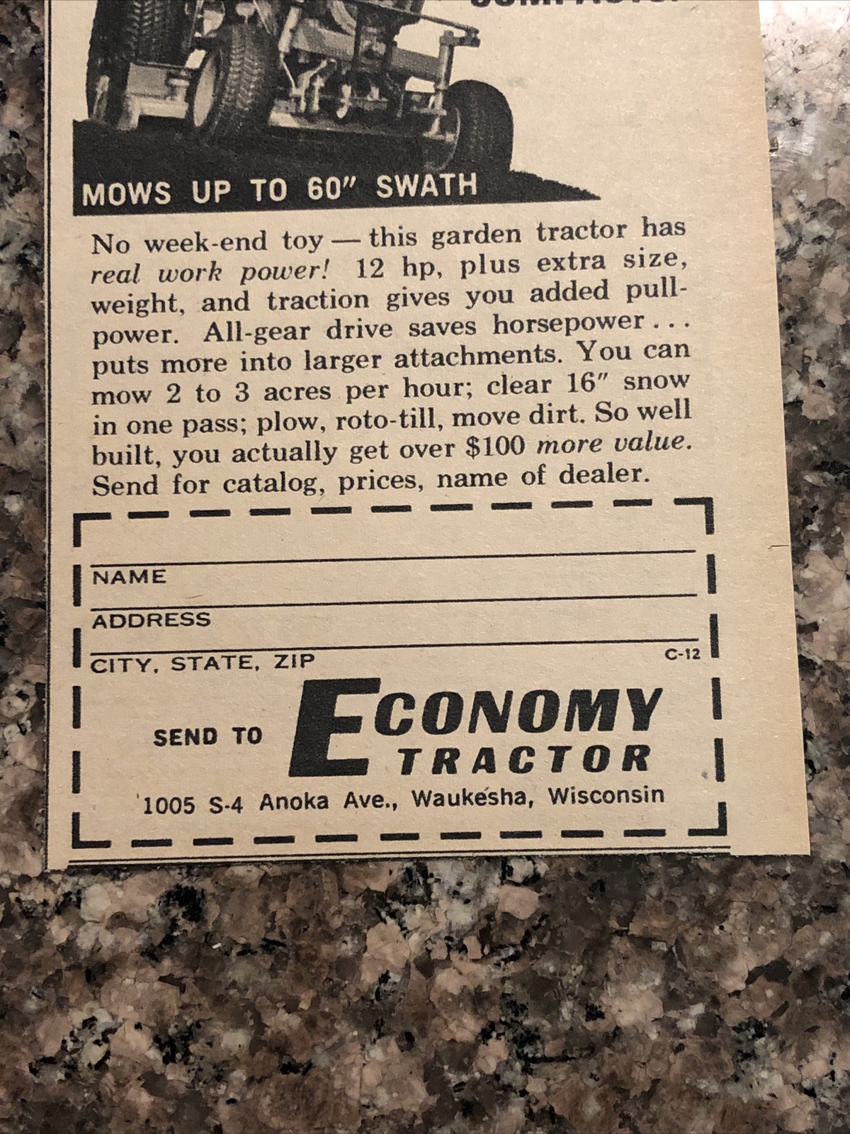 1968 Economy Tractor PRINT AD Waukesha Wisconsin VTG 1960s Man Size Tractor 3×5