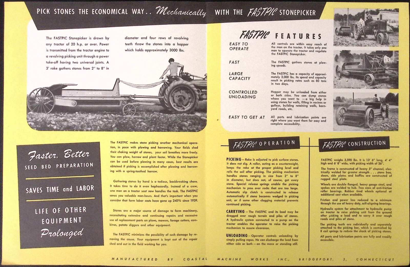 1954 Fastpic Stone Picker Brochure Coastal Machine Works Bridgeport CT