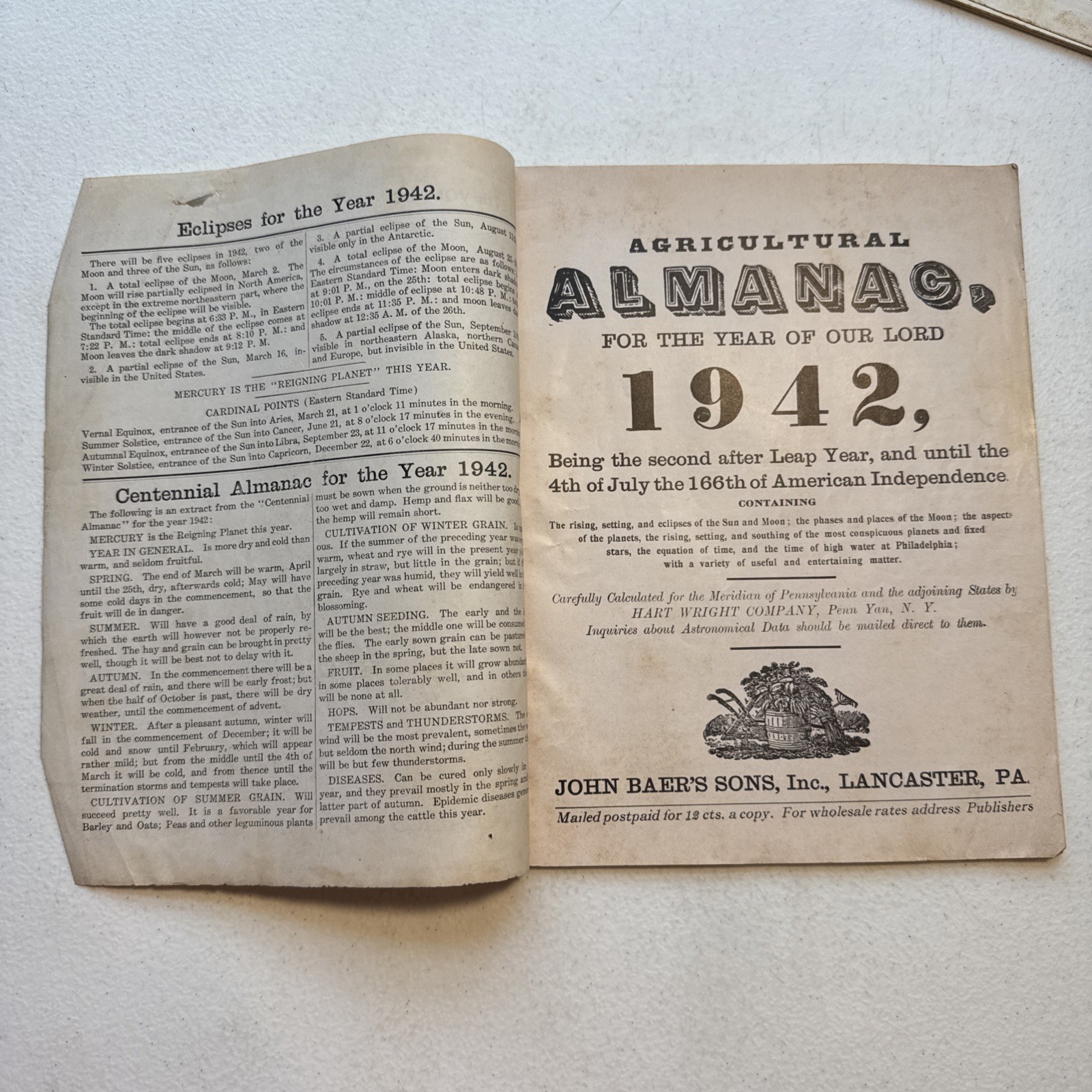 Vintage 1942 & 1950 John Baer’s Sons Agricultural Almanac Lancaster, PA