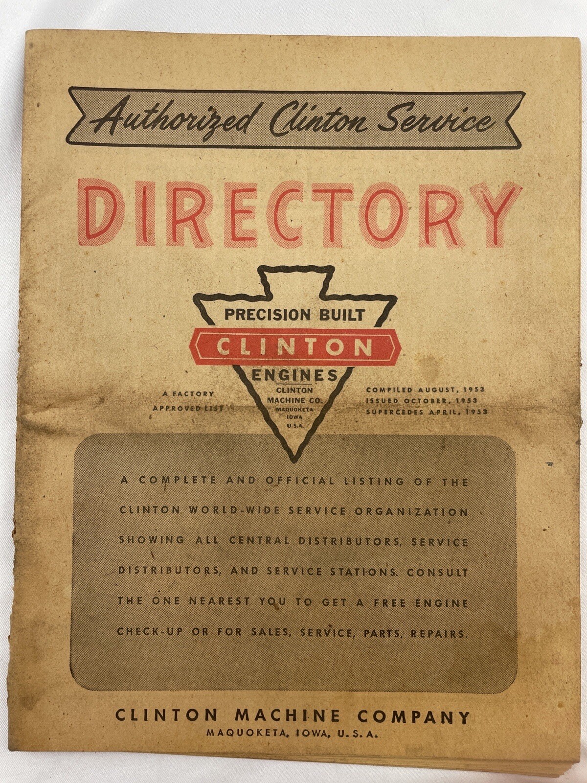 Authorized Clinton Service Directory Precision Engines Machine Co. VTG 1953
