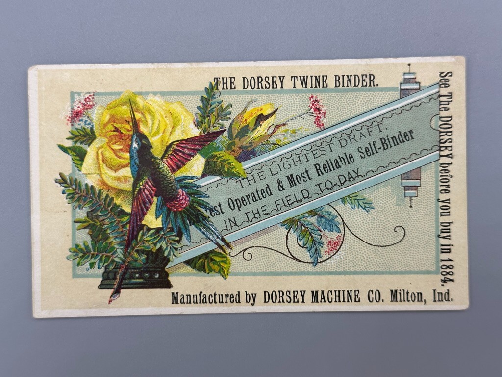 1880s DORSEY Twine Binder FARM MACHINERY Advertising Trade Card MILTON Indiana
