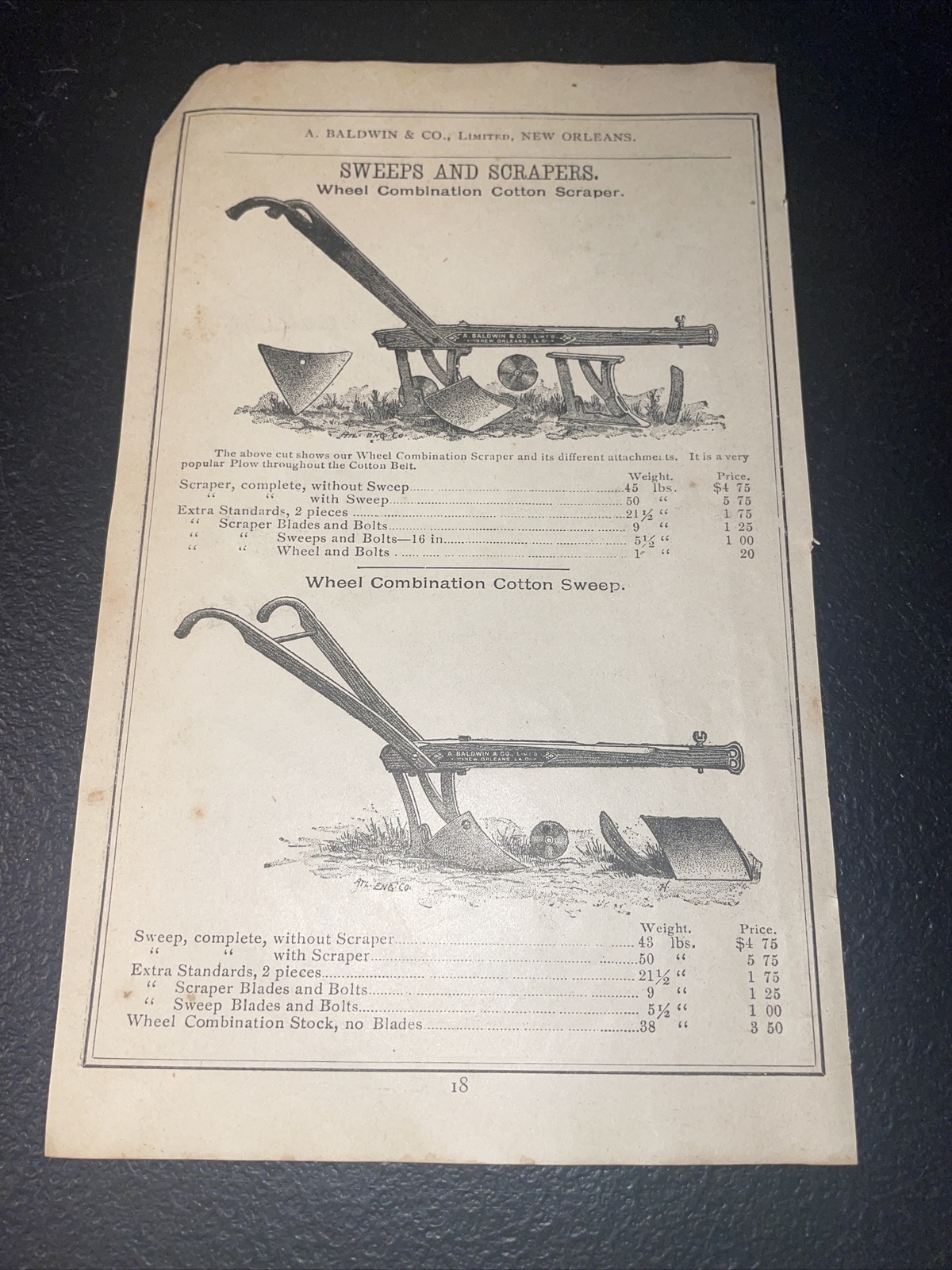 1891 Baldwin Cotton Scraper Plow Farm Advertising – New Orleans – Louisiana