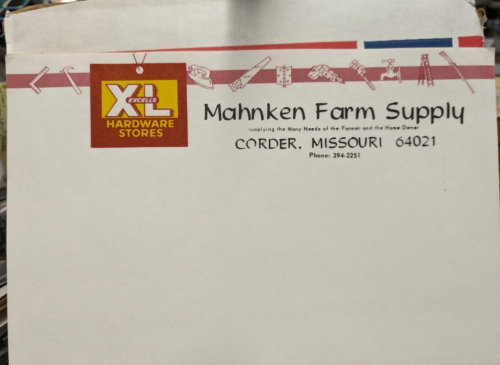 Vintage Mahnken Farm Supply XL Excells Hardware Stores Corder MO Letterhead