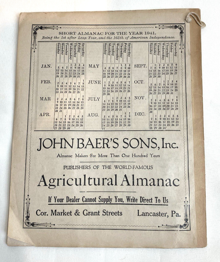 Vintage 1941 John Baers Sons AGRICULTURAL ALMANAC Lancaster PA FARMERS