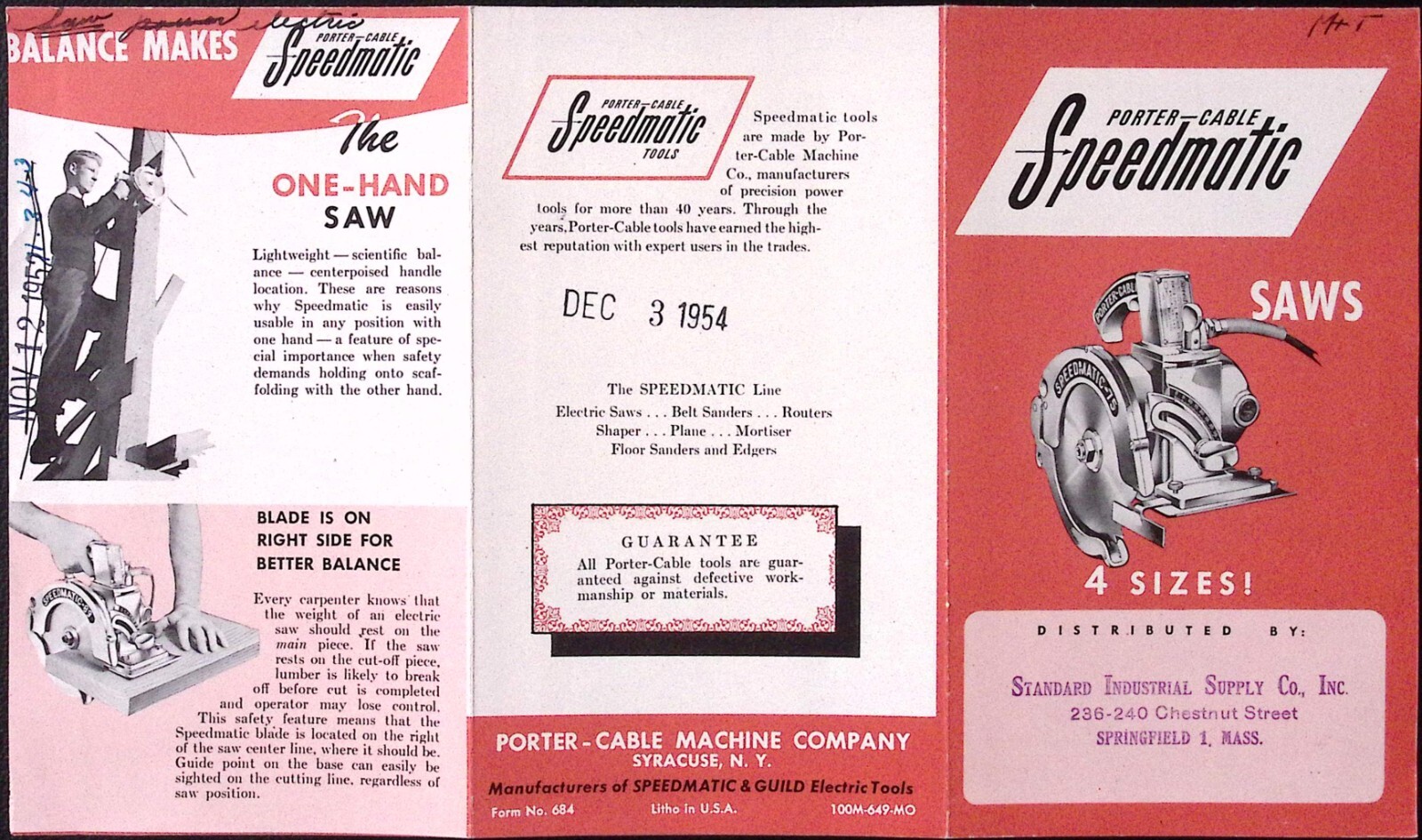 1954 Porter Cable Speedmatic Saws4 Sizes Brochure Porter Cable Syracuse NY