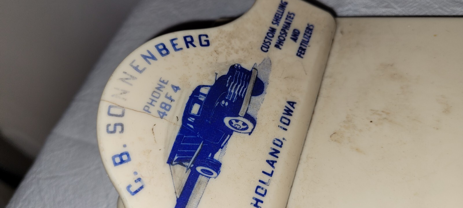 vtg C.B. SONNENBERG Trucking & Tiling HOLLAND IOWA Clip Board Plastic 1940&rsquo;s