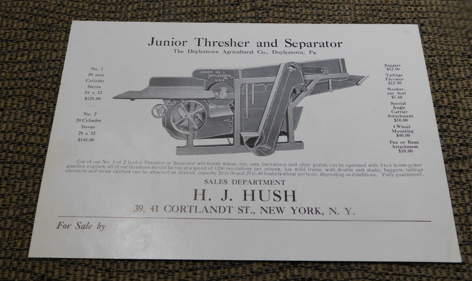 1910&rsquo;s H.J. Hush Junior Thresher and Separator Tear Sheet Ad Brochure 6&Prime; x 9&Prime;