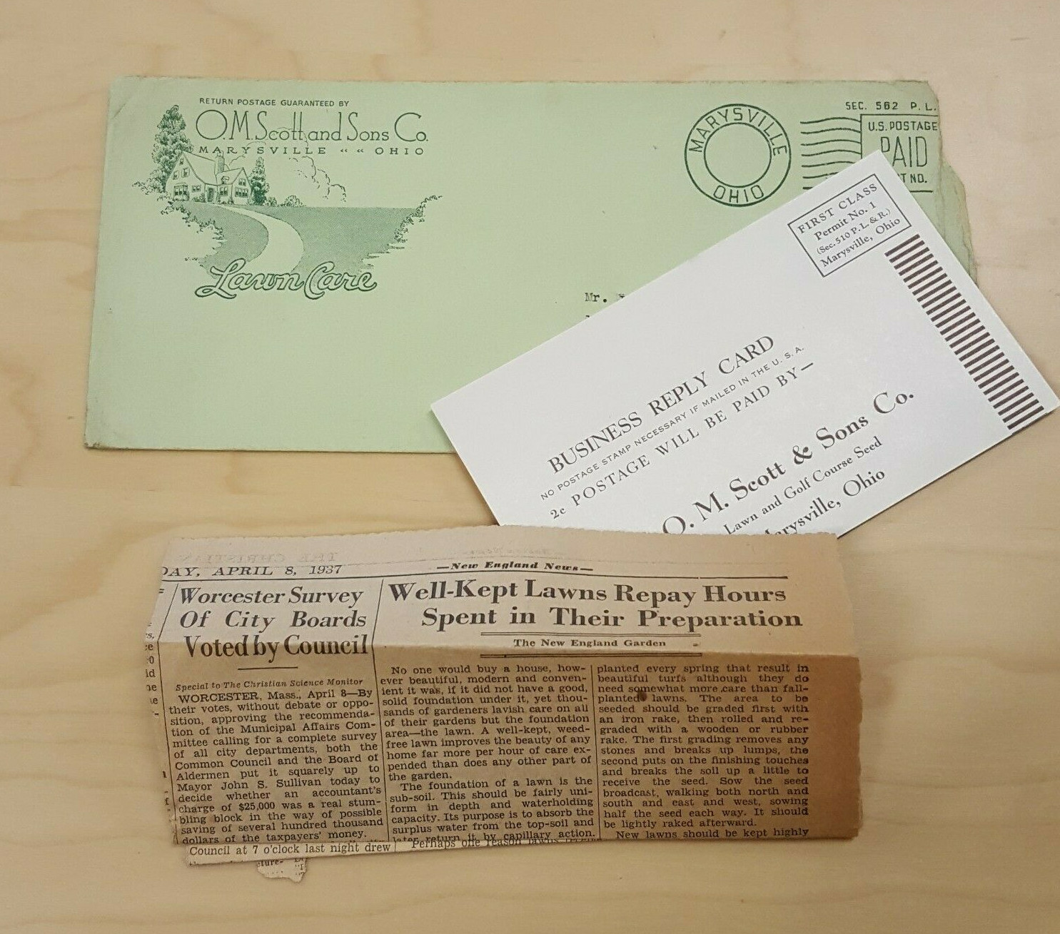 O.M. Scott & Sons Company Marysville Ohio Envelope and Lawn Care Article