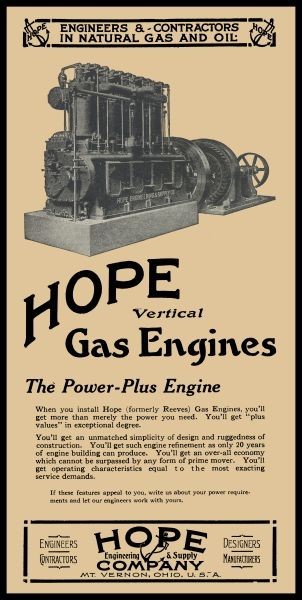 1925 Hope Vertical Gas Engines of Mt. Vernon, OhiO NEW Sign 24 x 48&Prime; USA STEEL