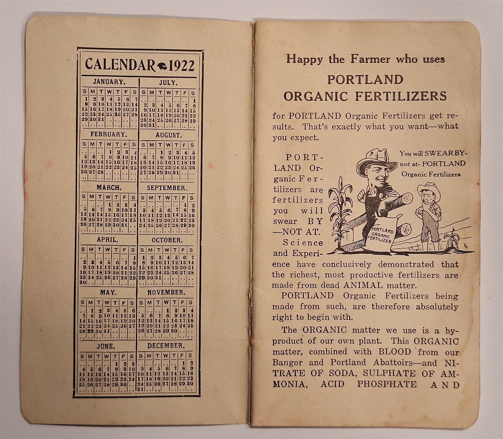 Antique Portland Organic Fertilizer Booklet Calendar 1922–1923 Maine Advertising