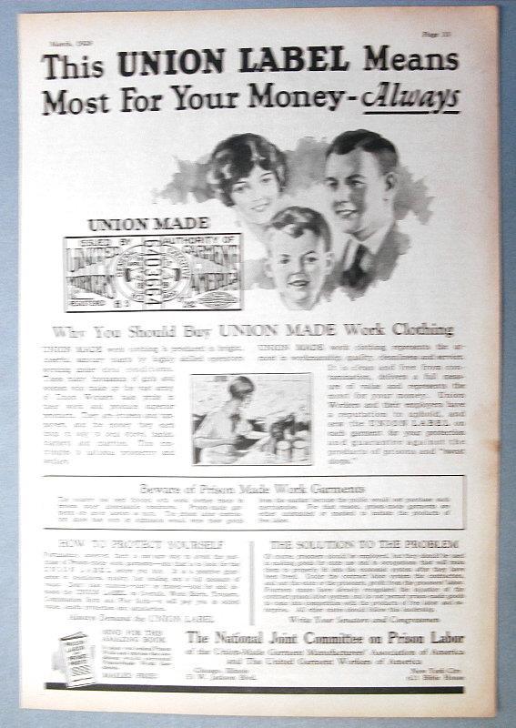 Original 1928 Clothers Ad UNION LABEL MEANS MORE FOR YOUR MONTEY