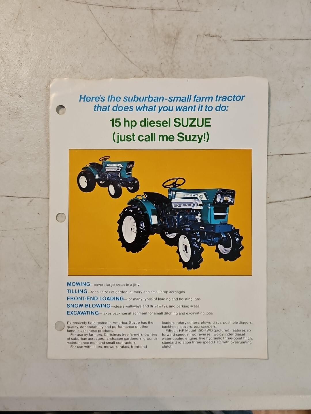 Vintage Suzue 15hp Diesel Tractor Dealer Sales Brochure Spec Sheet