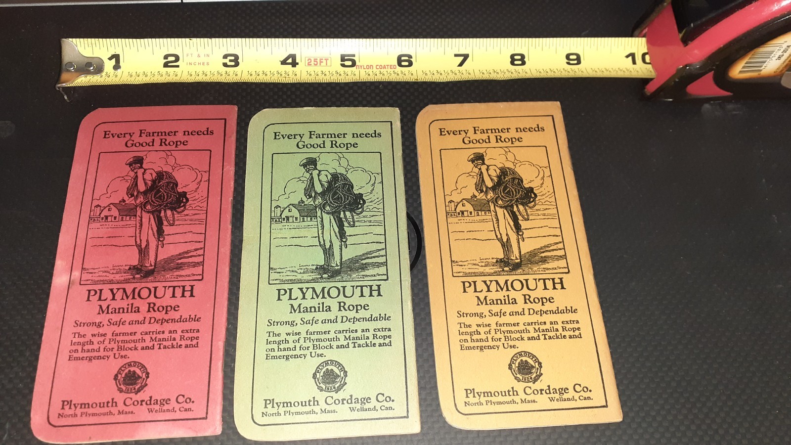 3 PLYMOUTH CORDAGE/BINDER TWINE POCKET MEMO&rsquo;S, MINTY UNUSED, 1926 3 COLORS,