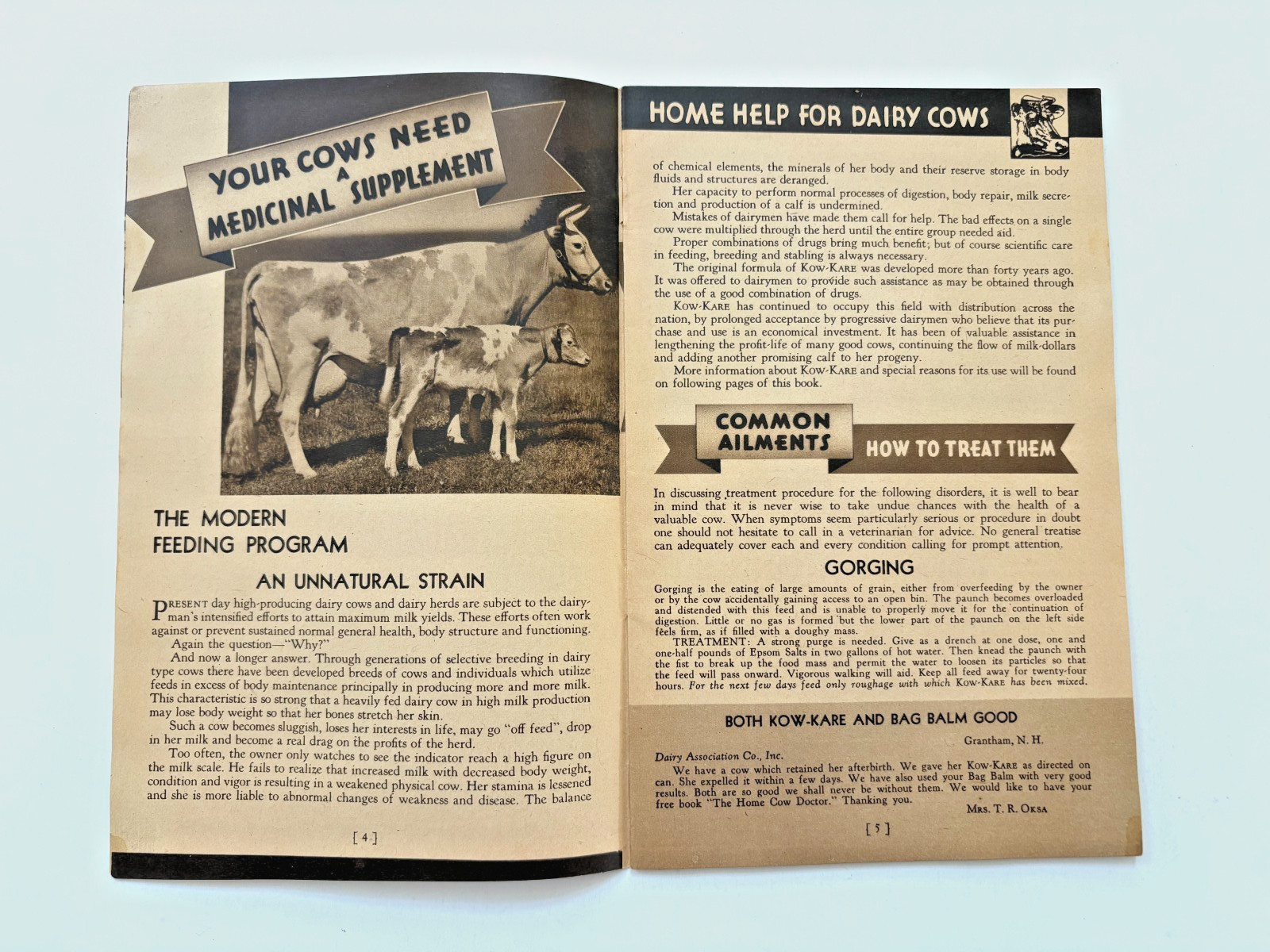 1939-40 Booklet « Home Help for Dairy Cows » w/ Formula « Kow-Kare » *