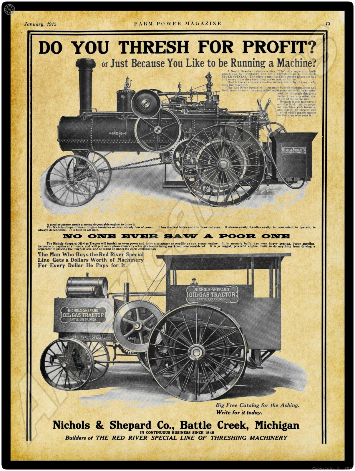 1915 Nichols & Shepard Red River Special, Tractors – New Metal Sign:Battle Creek