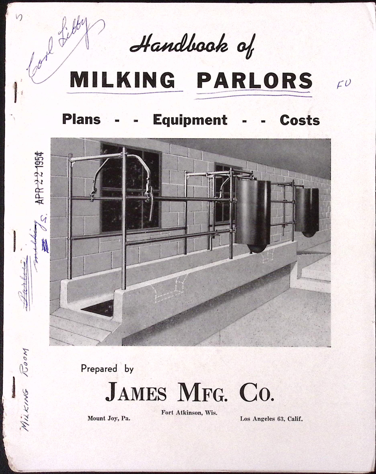 1953 Handbook of Milking Parlors Plans & Equipment James Mfg Co Mount Joy PA