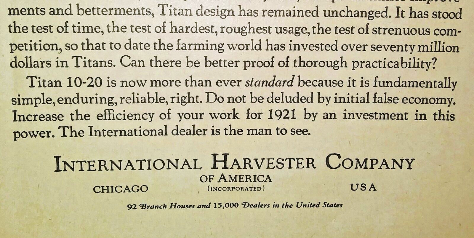 1921 Titan 10-20 Tractor Ad, Vintage, International Harvester Co, Farming