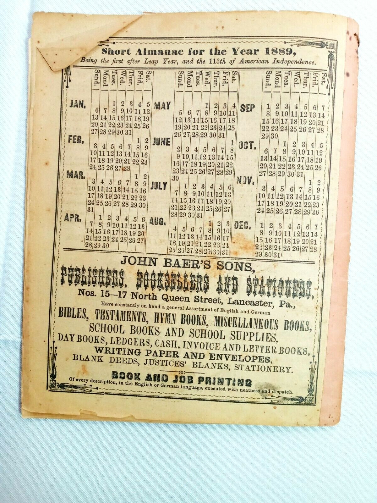 John Bear Baer&rsquo;s Agricultural Almanac Lancaster, PA Antique Farmers Vintage 1889