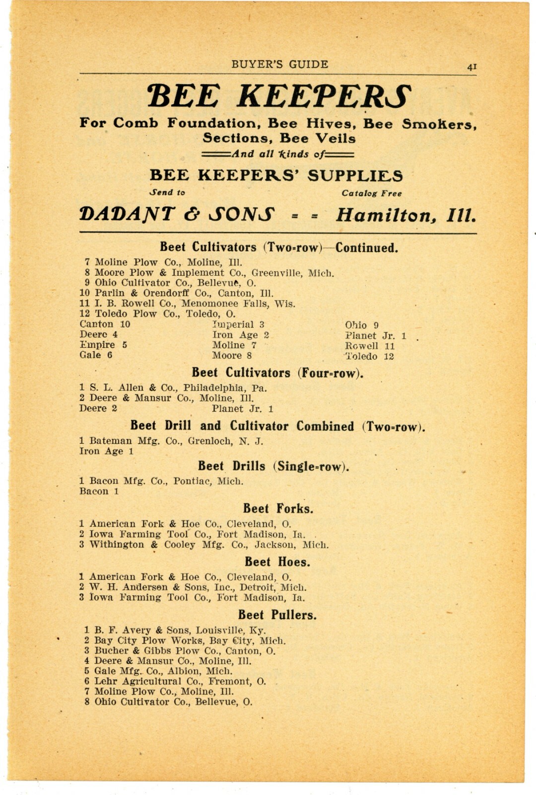 1905 Dadant & Sons Ad: Beekeepers&rsquo; Supplies – Hamilton, Illinois