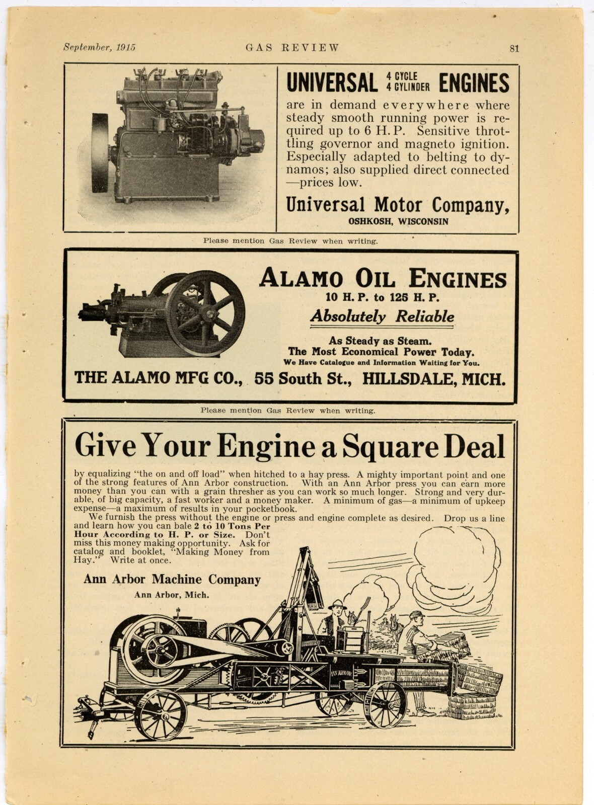 1915 Ann Arbor Machine Co, Alamo Oil Engine, & Universal Motor Co. 3 Ads, 1 Page