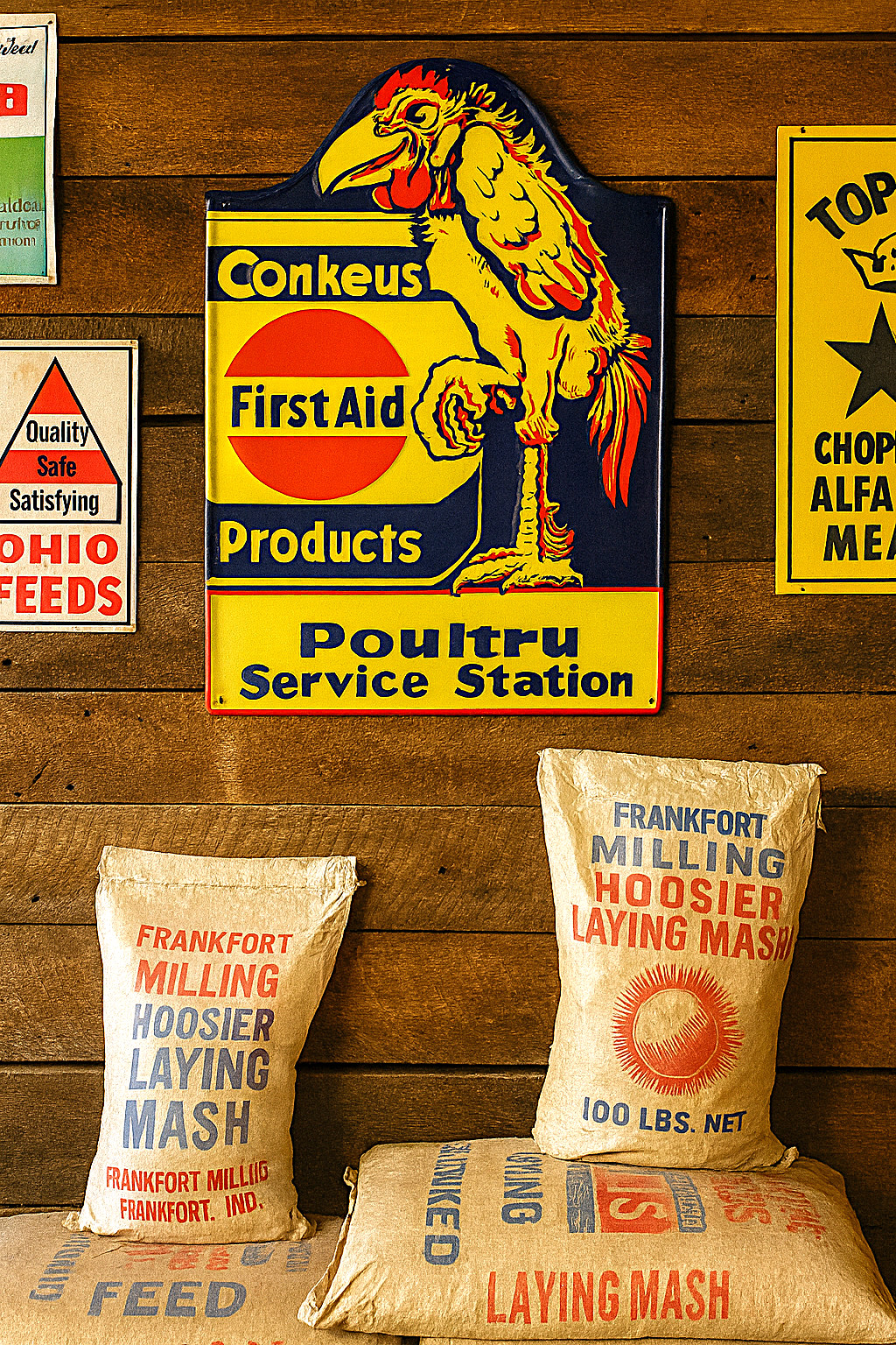 Conkeys First Aid Products Chicken Poultry Service Station Feed & Seed Farm Sign