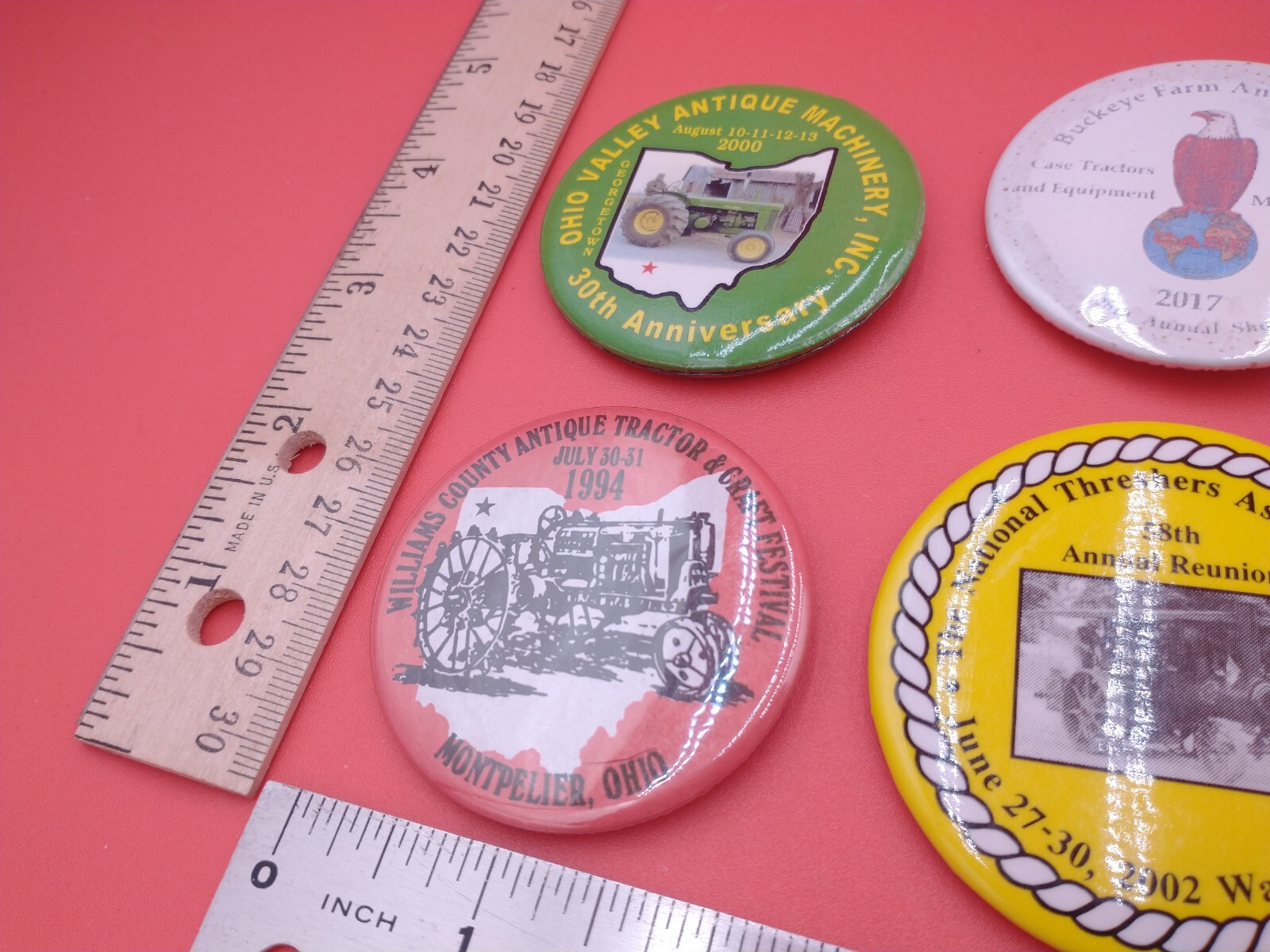 Lot of 6 various pinback buttons. Threshers, antique farm, tractors, Ag #1380