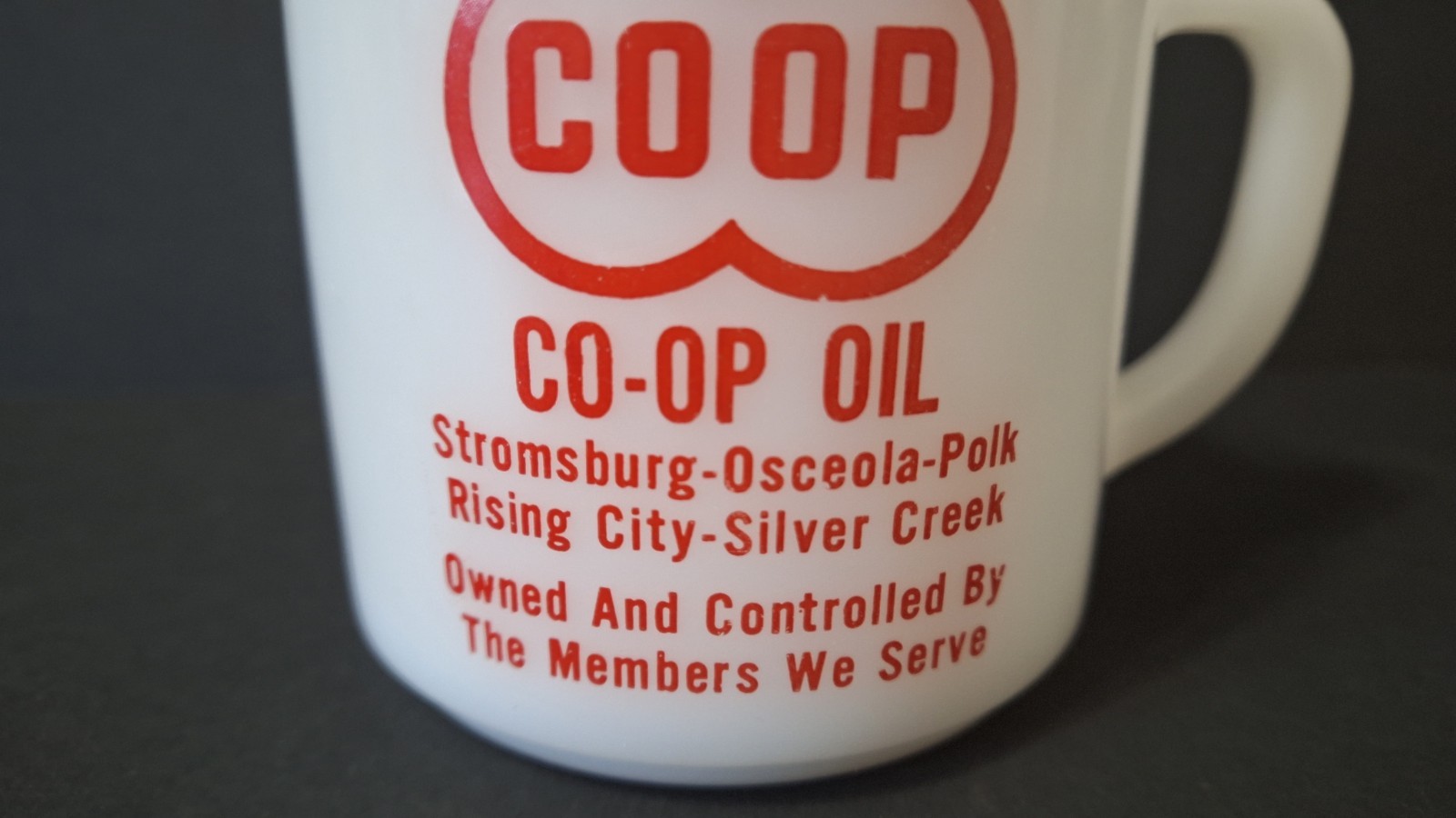 Vtg CO-OP OIL Milk Glass Mug Stromberg Osceola Polk Rising Silver Creek NEBRASKA