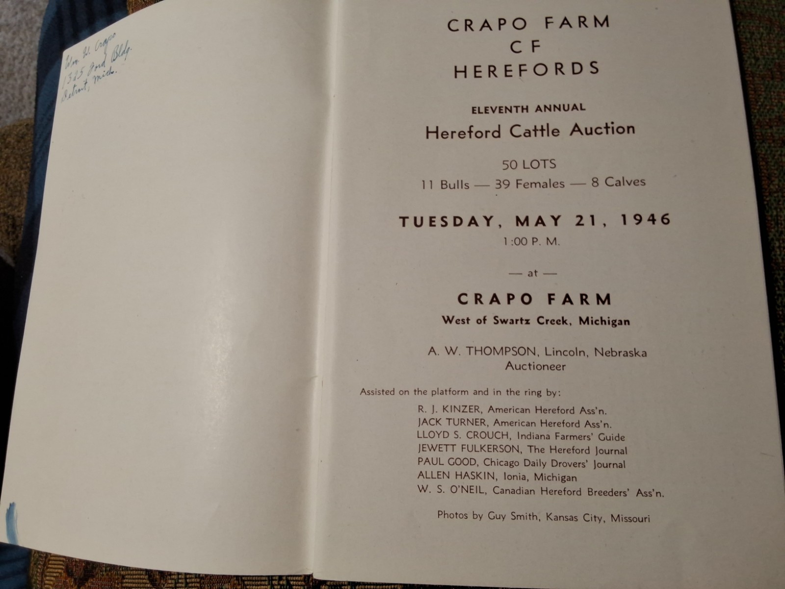 Vintage Crapo Farm Herefords Auction 1946 Sale Catalog Swartz Creek Michigan