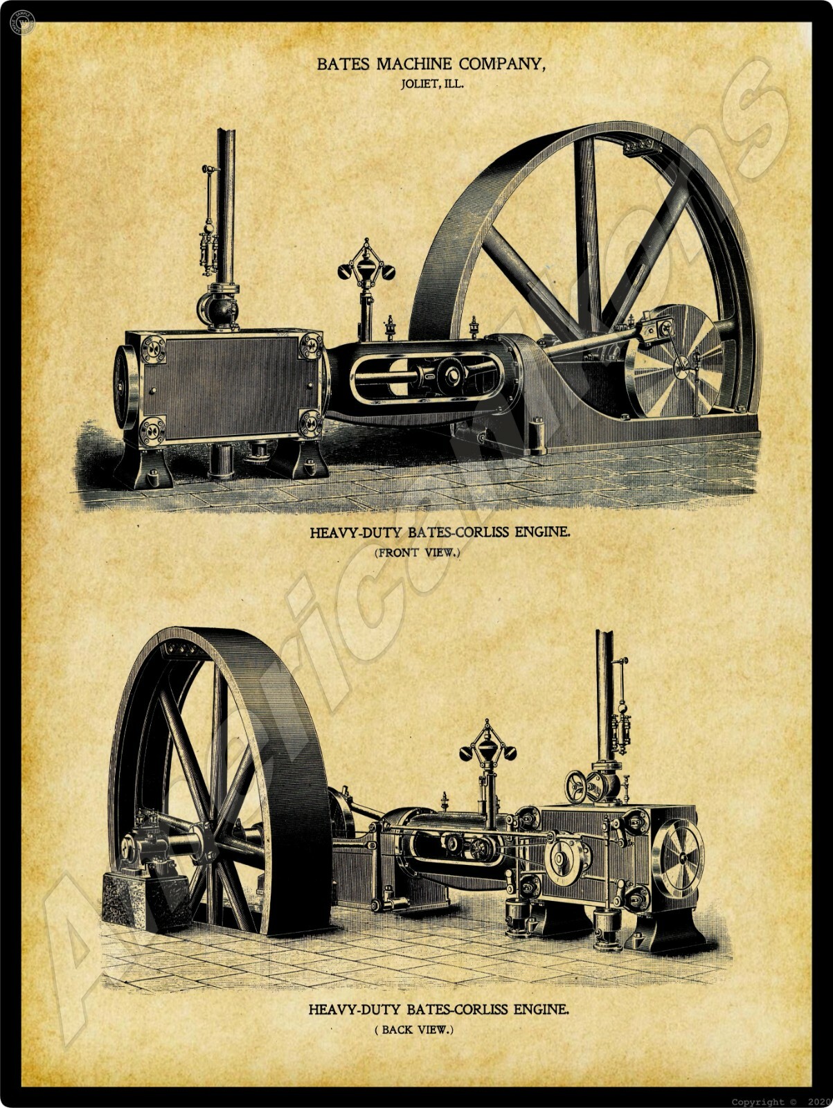 Bates Machine Company Corliss Engine New Metal Sign: Front & Back Views
