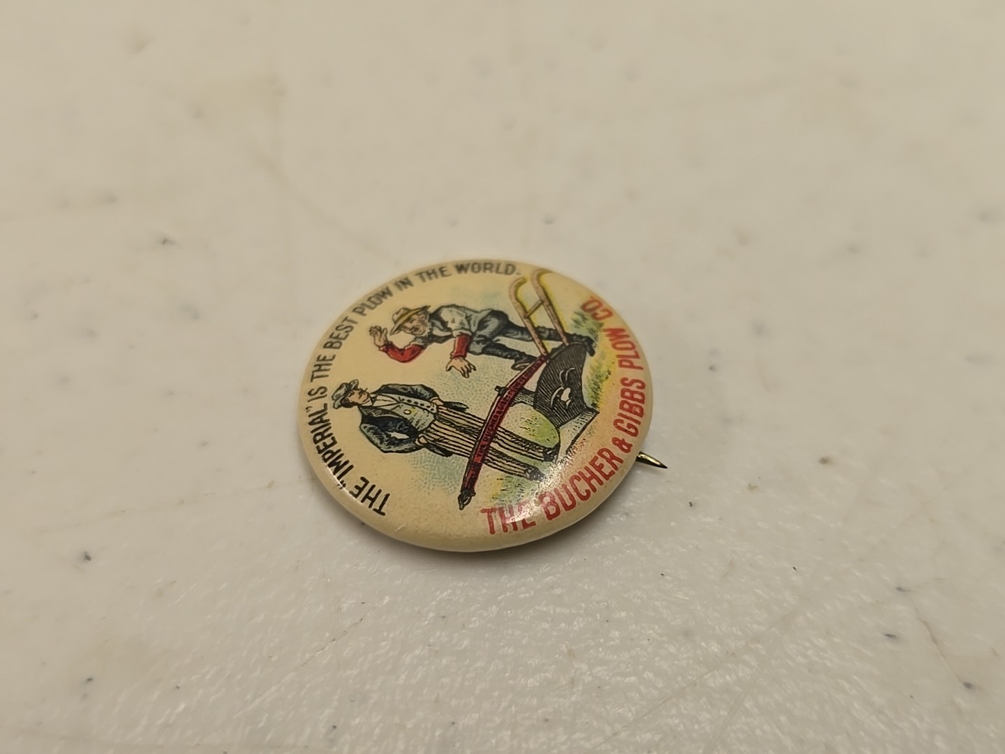 Antique 7/8&Prime; Bucher & Gibbs Imperial Plow Advertising Celluloid Pinback