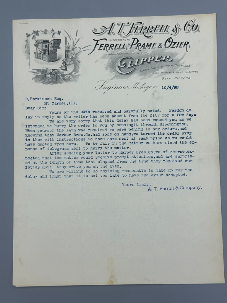 1898 A.T. FERRELL Co FARM CLIPPER Advertising Letter SAGINAW Michigan Antique