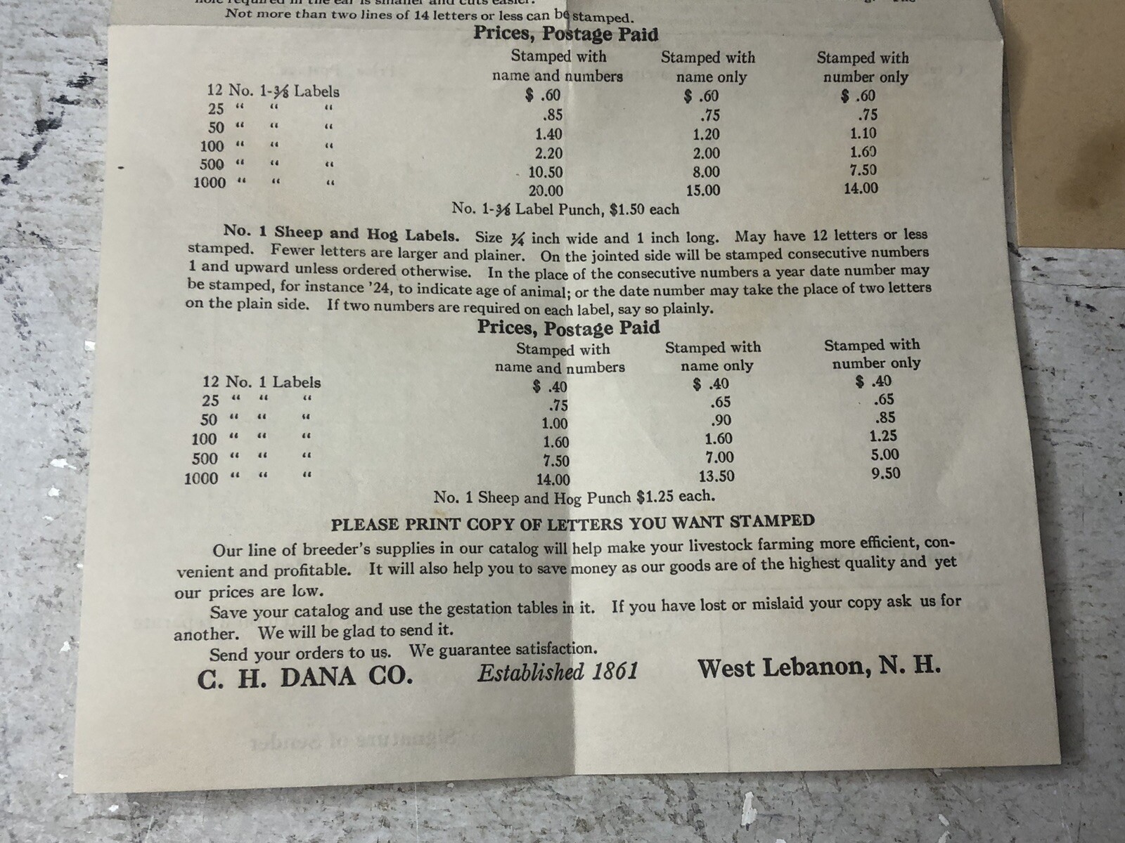 Vintage CH Dana Company Livestock Labels Order Sheet & Return Envelope NH