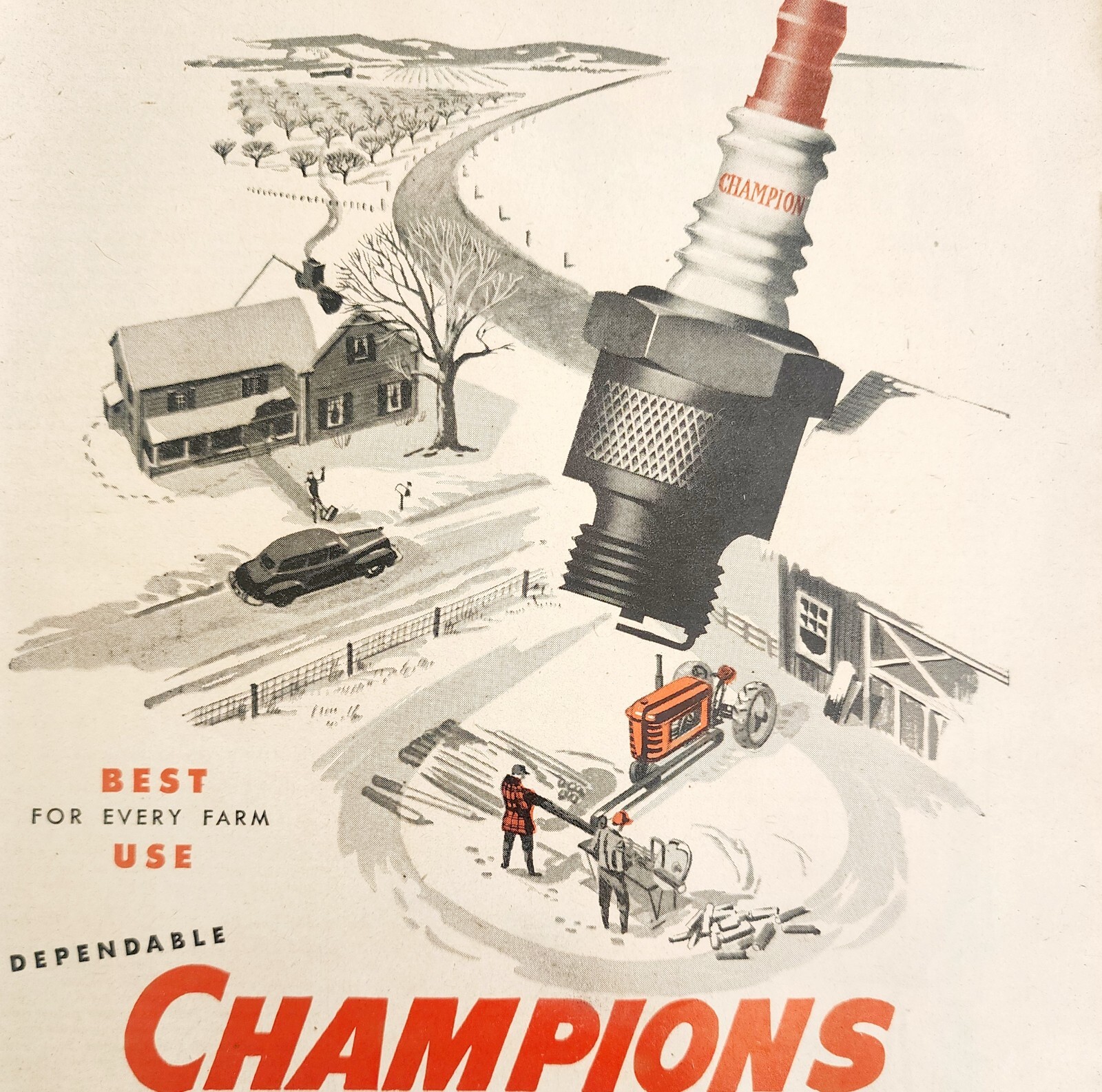 1947 Champion Spark Plugs Farm Scene Advertisement Agriculture Farming DWNN21
