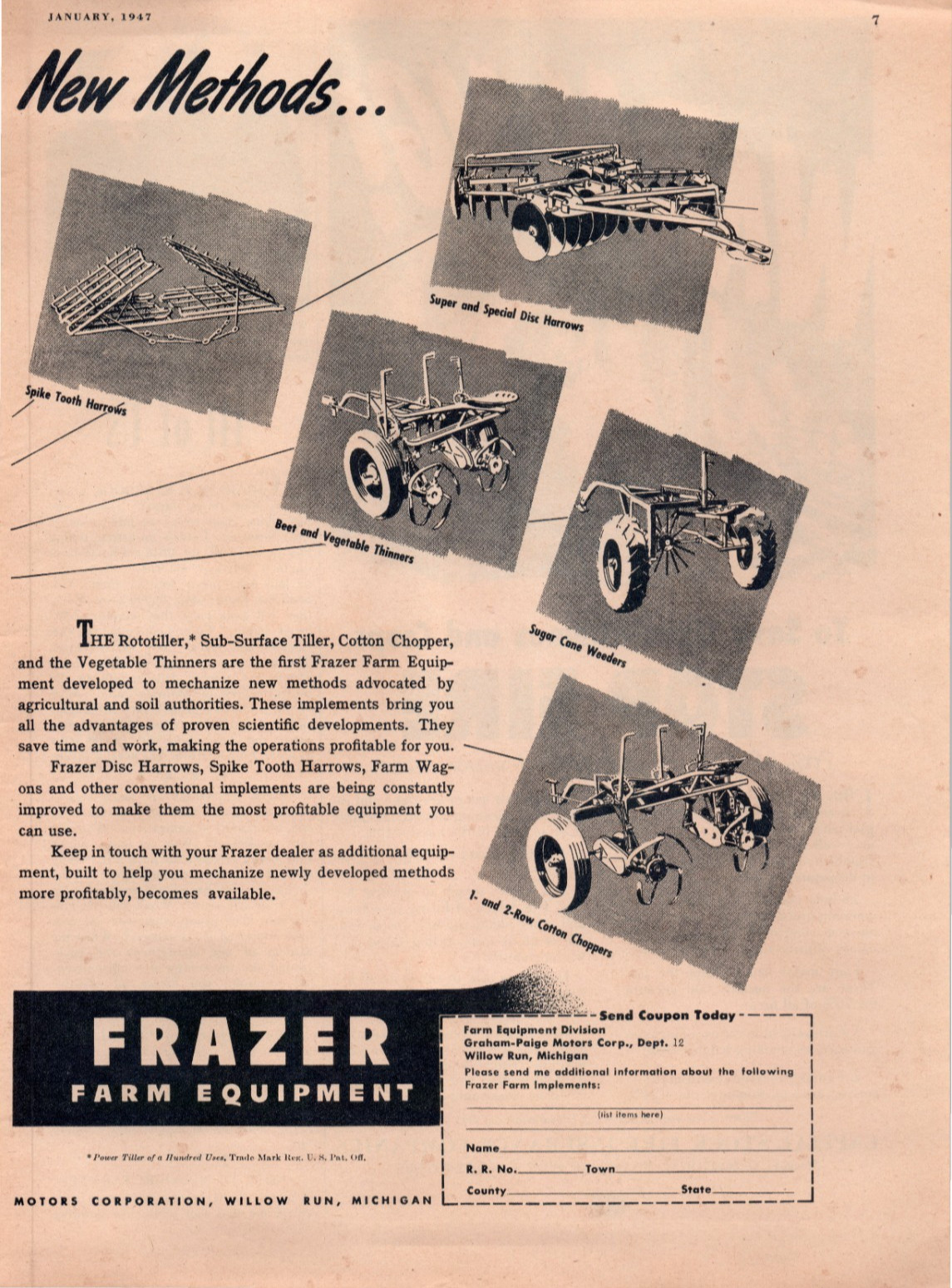 1947 Frazer Farm Equipment Chopper Rototiller Thinner 40&rsquo;s 2-Page Print Ad