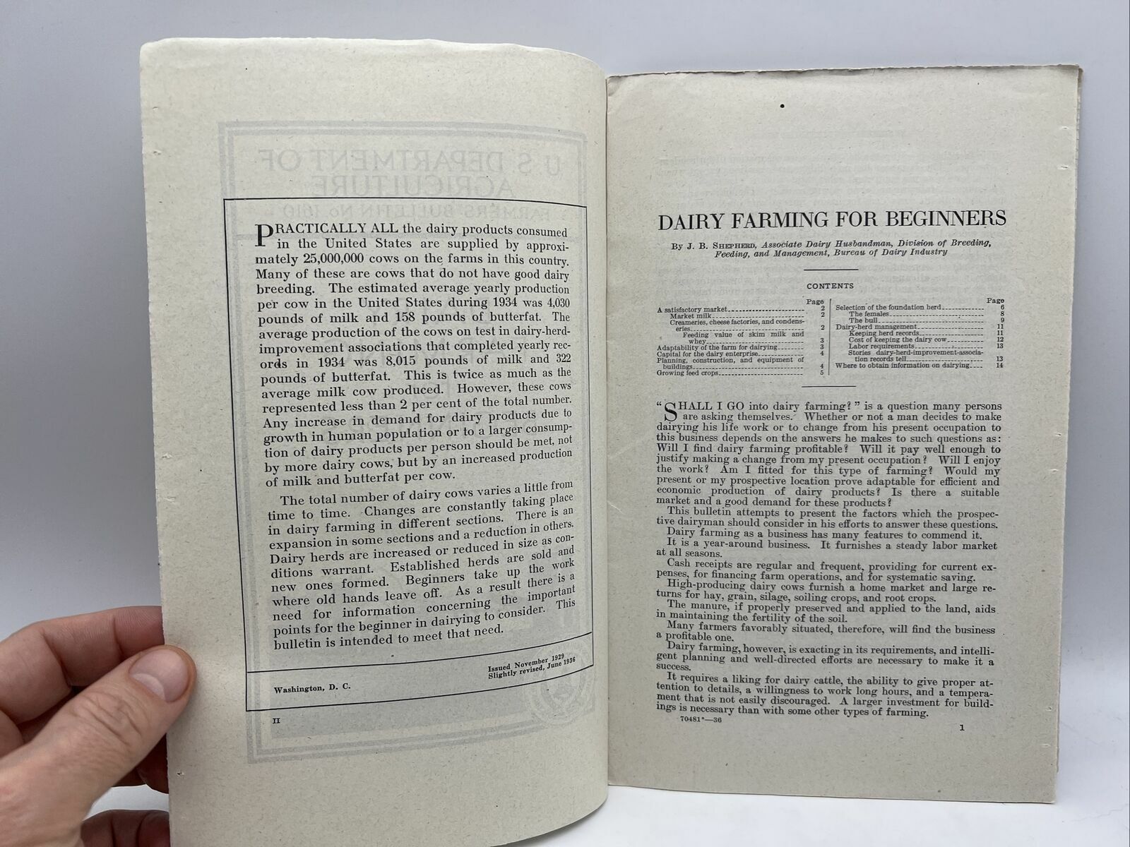 1936 USDA Farmers Bulletin No 1610 DAIRY FARMING FOR BEGINNERS by J.B. Shepherd