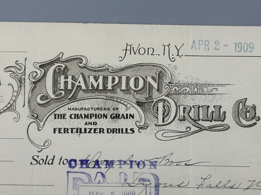 1909 CHAMPION GRAIN DRILL Farm Advertising AVON NY Illustrated Invoice Antique